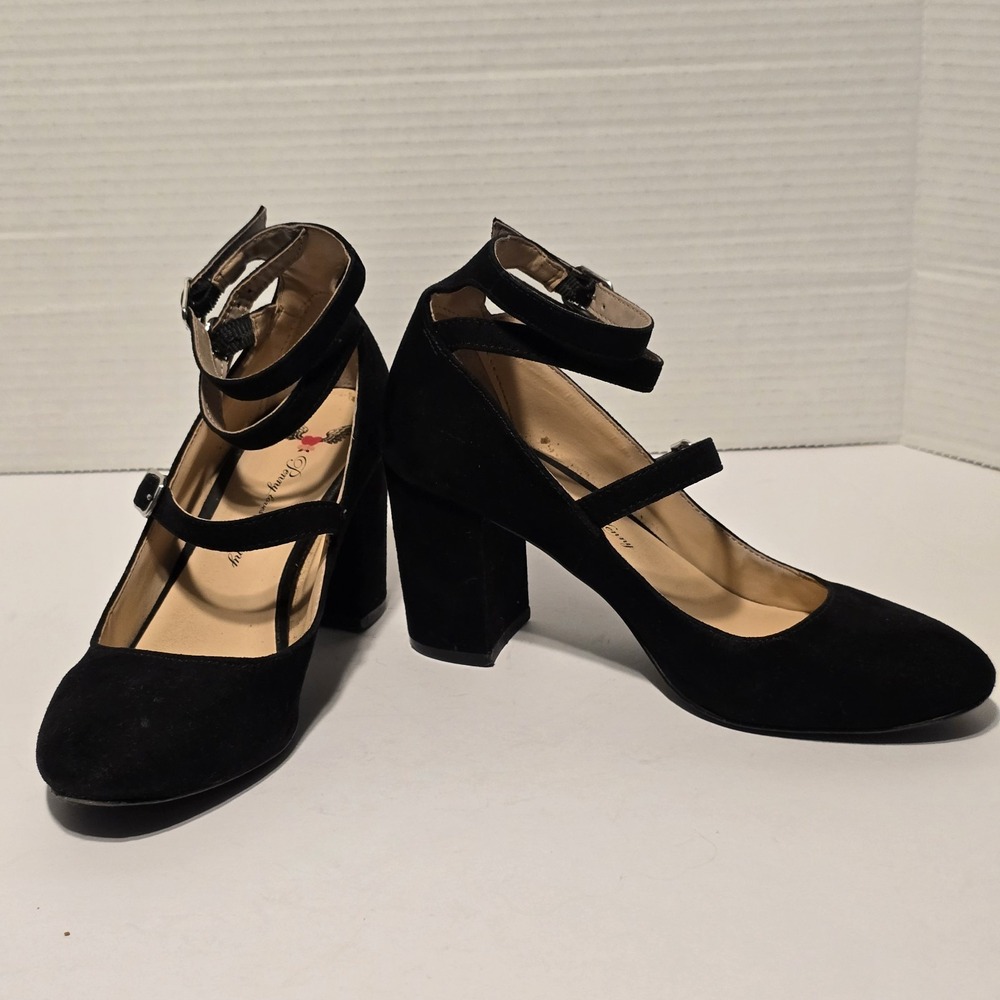 Penny Loves Kenny Womens Black Suede Block Heel Mary Jane Ankle Strap Pumps Sz 7